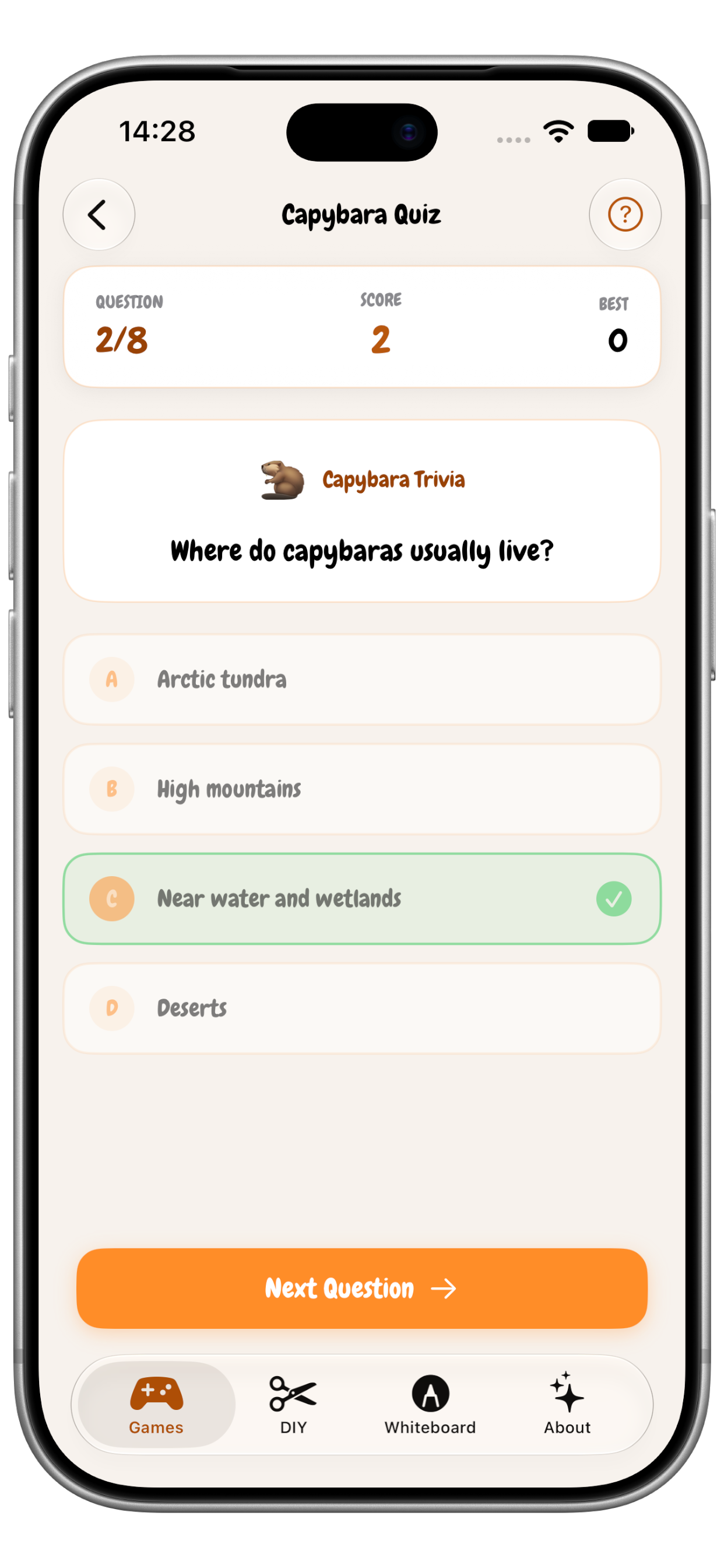 Capybara Quiz gameplay with multiple-choice questions