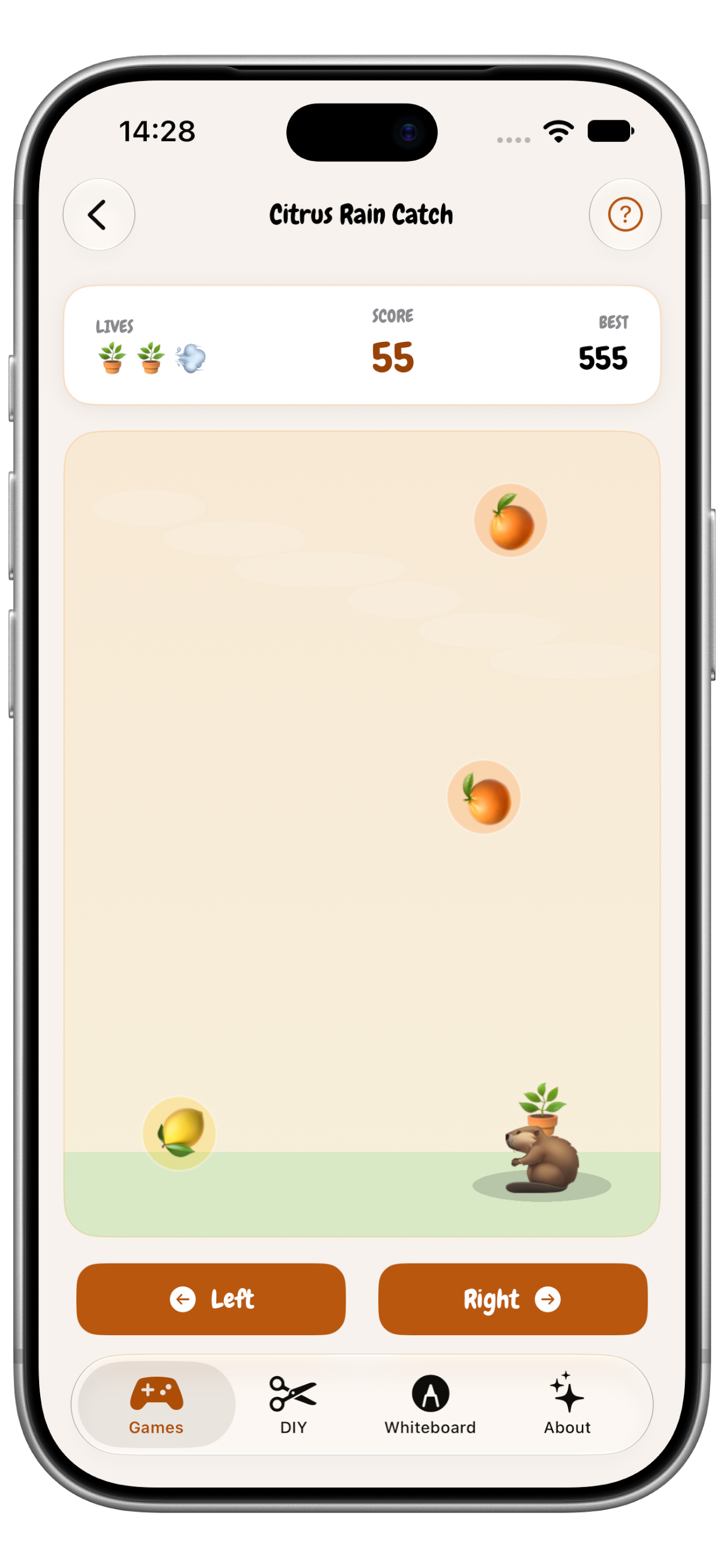 Citrus Rain Catch gameplay with a capybara catching falling fruit
